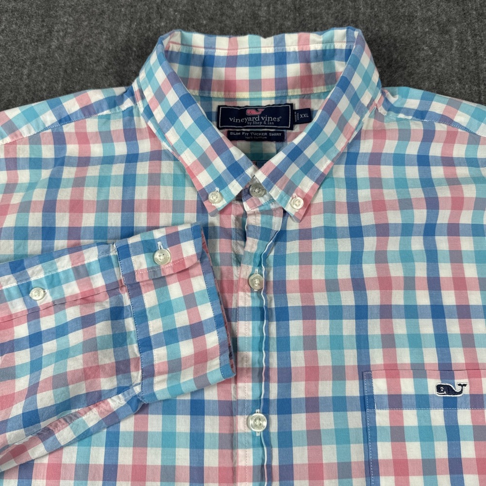 Vineyard Vines Men's XXL Slim Fit Tucker Shirt Blue Pink Plaid 100% Cotton